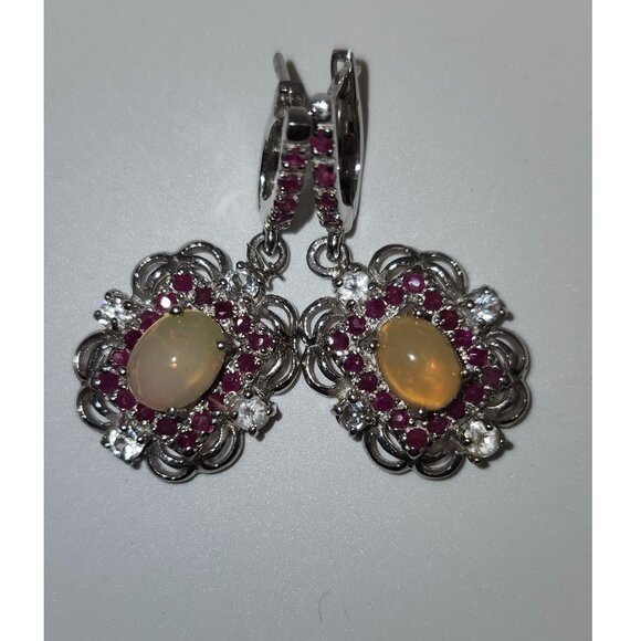 925 Sterling Silver Floral Fire Opal/Ruby/Blue Topaz Centre Earrings Value $655 - Picture 1 of 6